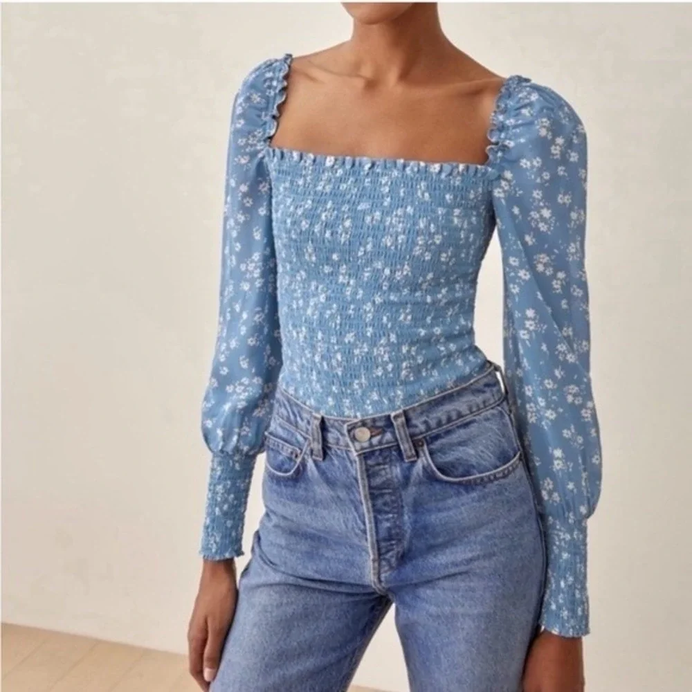 Reformation Pinto Top-Lassen Blue Floral-Smocked Georgette Long Sleeve Blouse-M